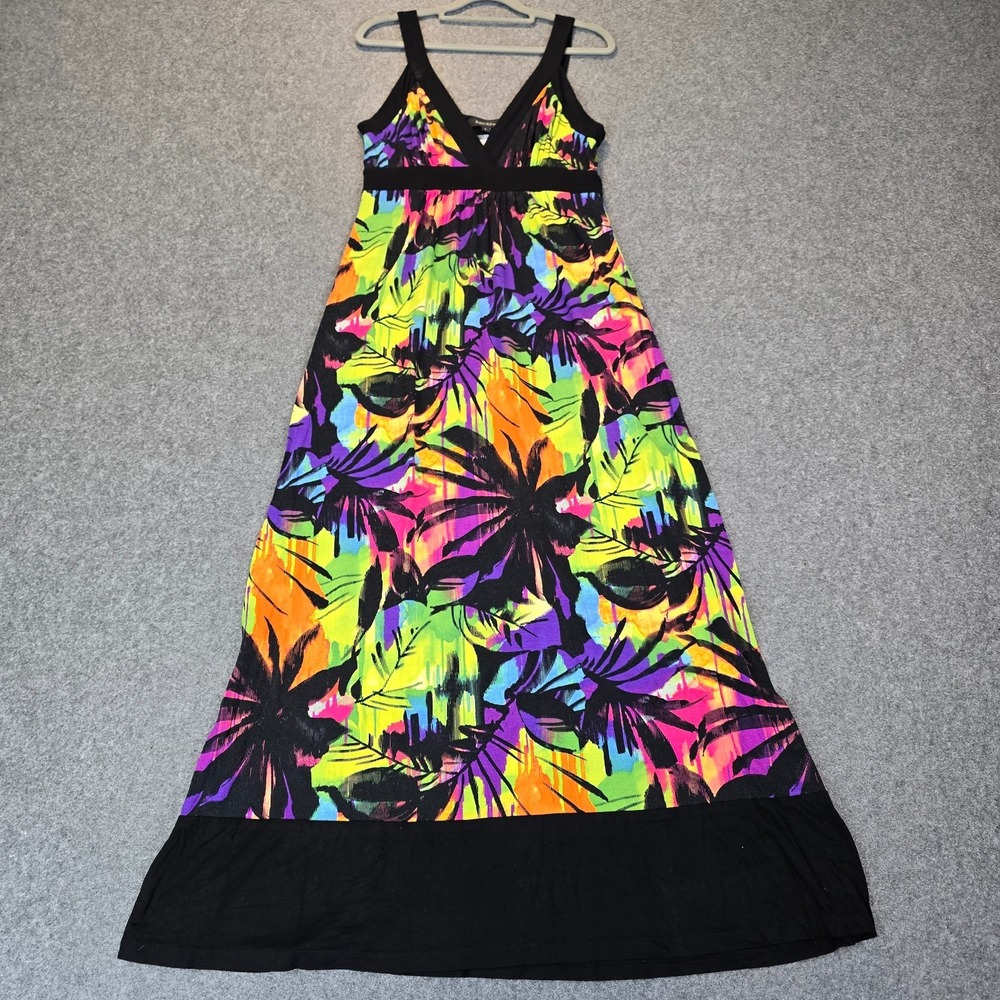 Karen Kane Maxi Dress Women's Large Multicolor Palm Leaf Stretch Pleated V Neck
